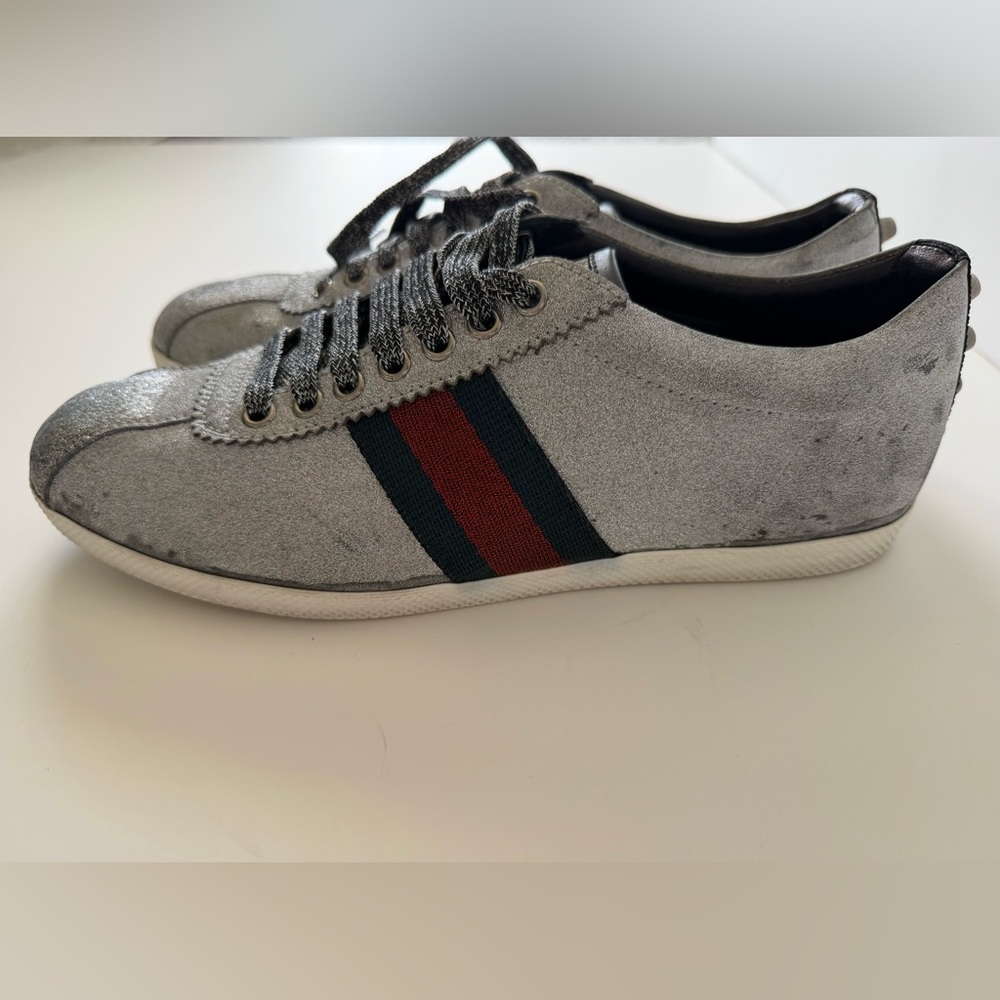 Gucci Silver Glitter Bambi Web Details Studded Low Top Sneakers Size 40.5